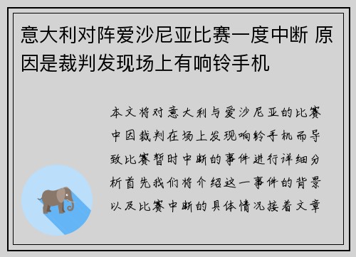 意大利对阵爱沙尼亚比赛一度中断 原因是裁判发现场上有响铃手机